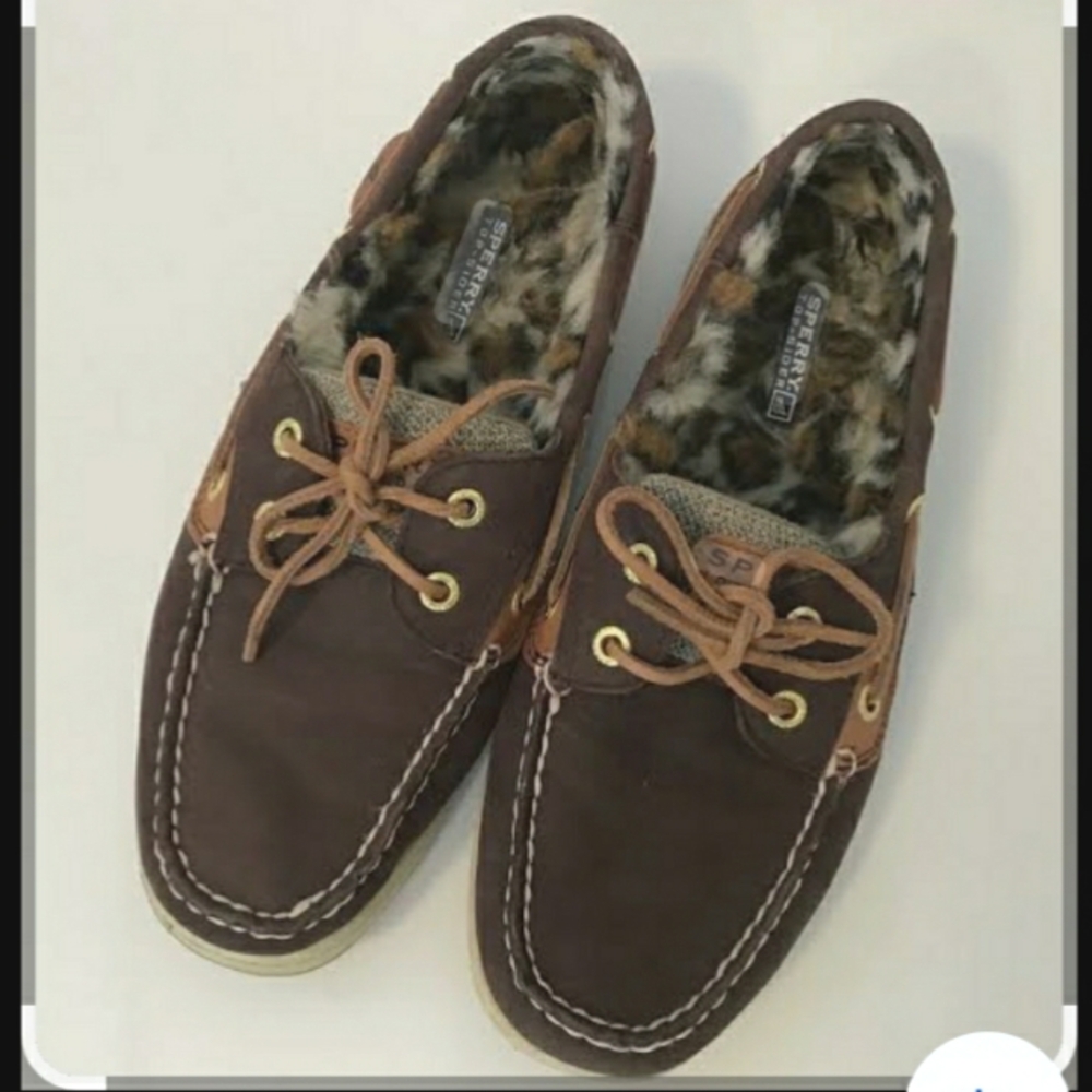 Women's Sperry Topsider leather Cheetah faux fur lined slip on boat shoes 7.5
